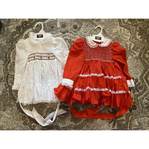 Vtg Polly Flinders Girls Sz 3T Smocked Dress Holiday Christmas Red White - Picture 1 of 6